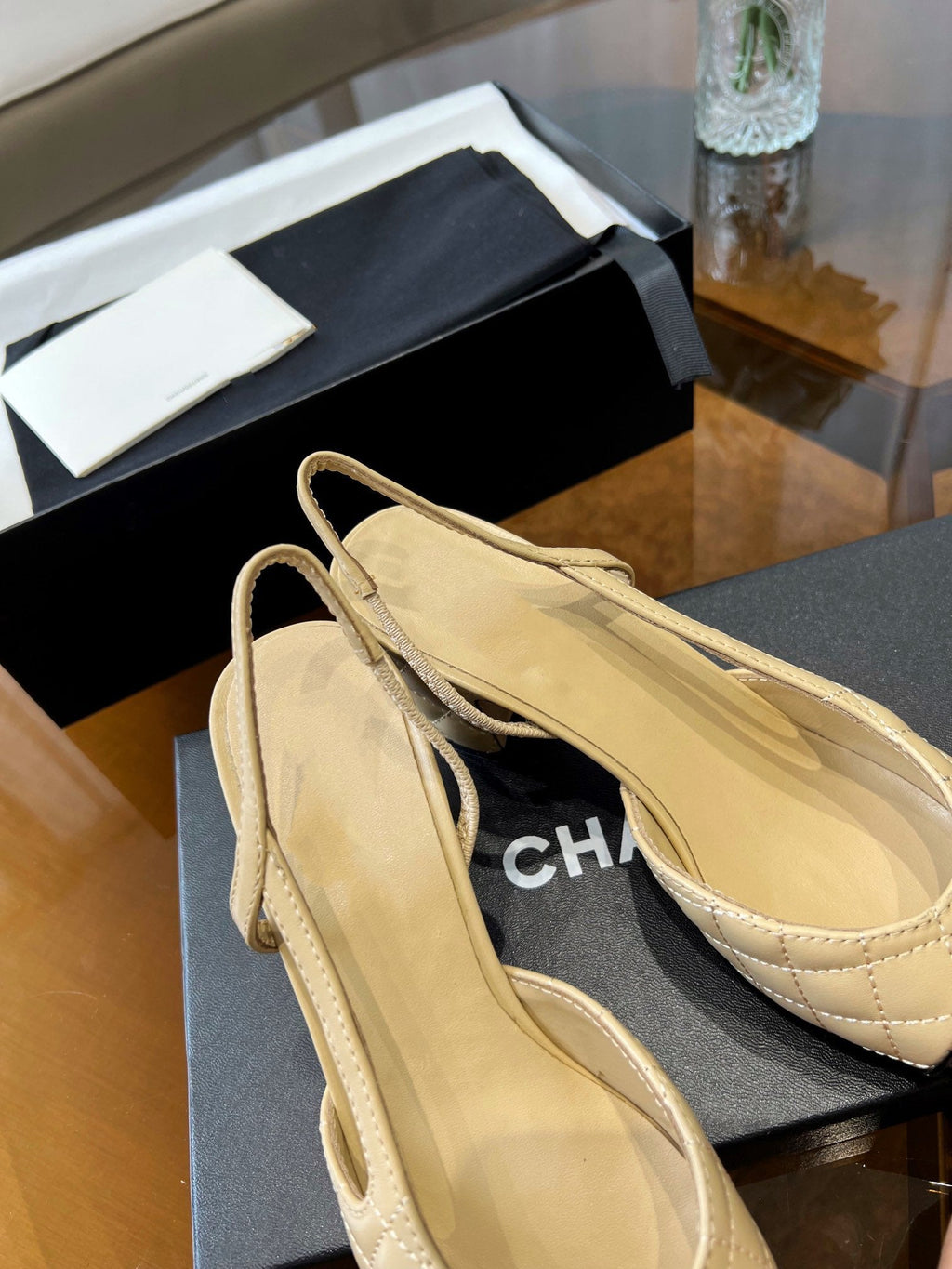 Chanel High Slingbacks Beige Quilted Lambskin