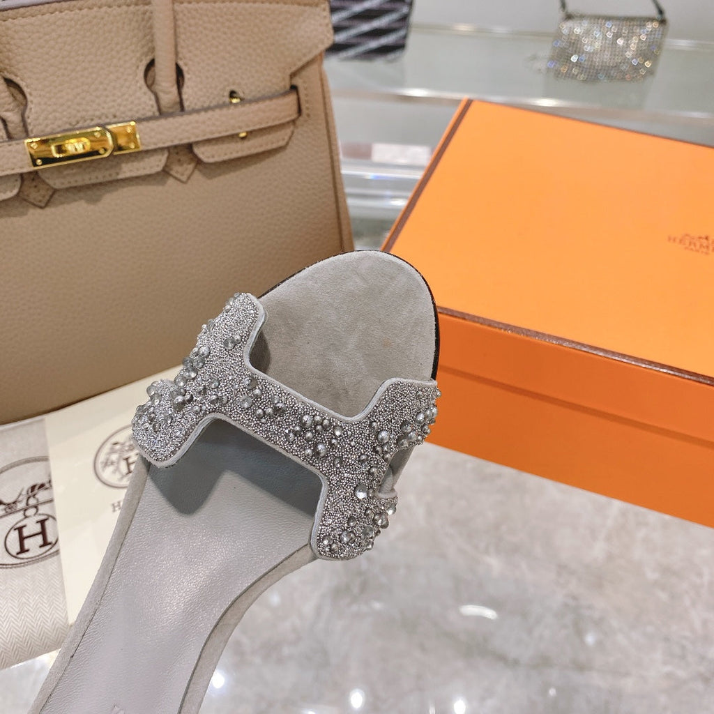 Hermes Premiere 70 Sandal in Pale Gray Suede with Crystals