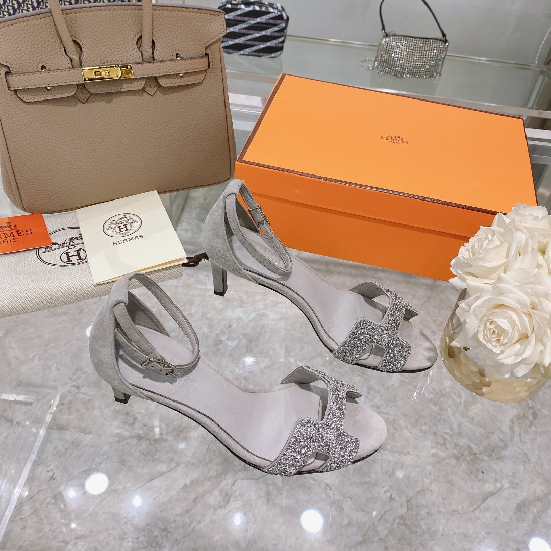 Hermes Premiere 70 Sandal in Pale Gray Suede with Crystals