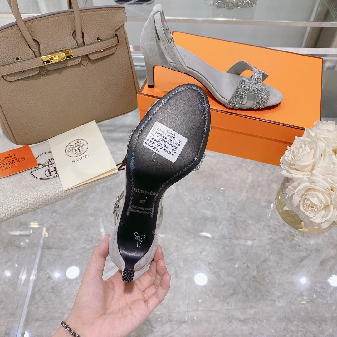 Hermes Premiere 70 Sandal in Pale Gray Suede with Crystals