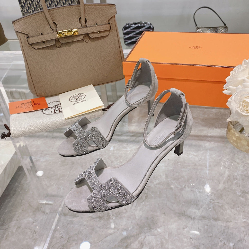 Hermes Premiere 70 Sandal in Pale Gray Suede with Crystals