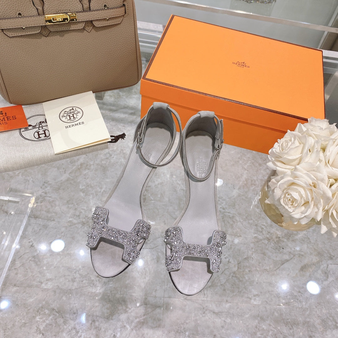 Hermes Premiere 70 Sandal in Pale Gray Suede with Crystals