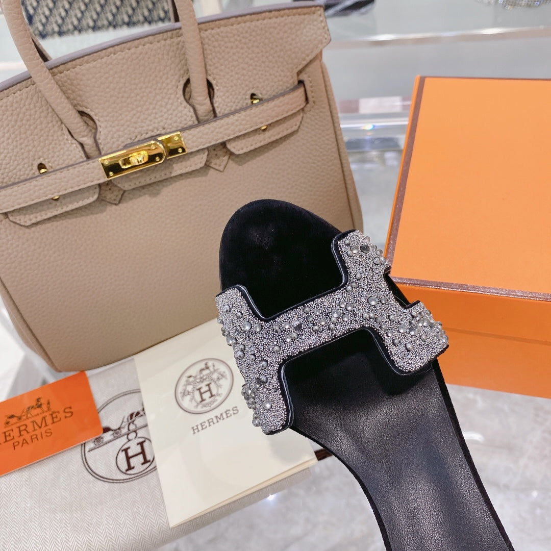 Hermes Premiere 70 Sandal in Black Suede with White Crystals
