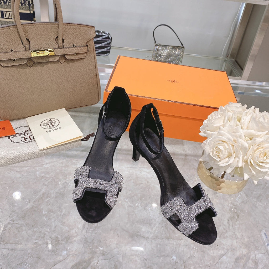 Hermes Premiere 70 Sandal in Black Suede with White Crystals