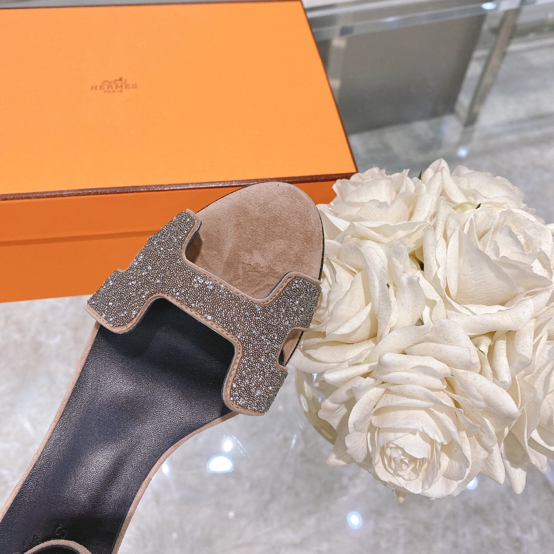 Hermes Premiere 70 Sandal in Light Brown Suede with Crystals