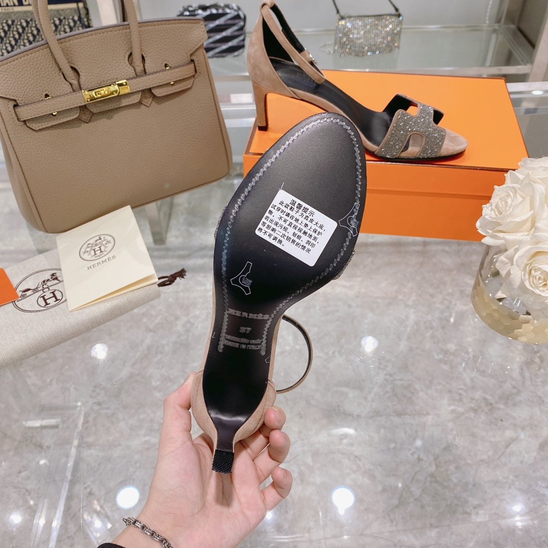 Hermes Premiere 70 Sandal in Light Brown Suede with Crystals