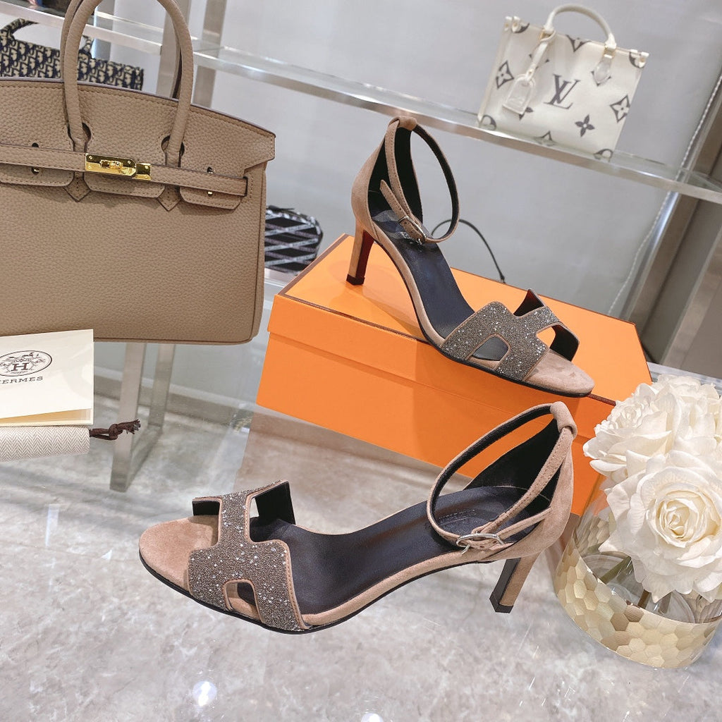 Hermes Premiere 70 Sandal in Light Brown Suede with Crystals