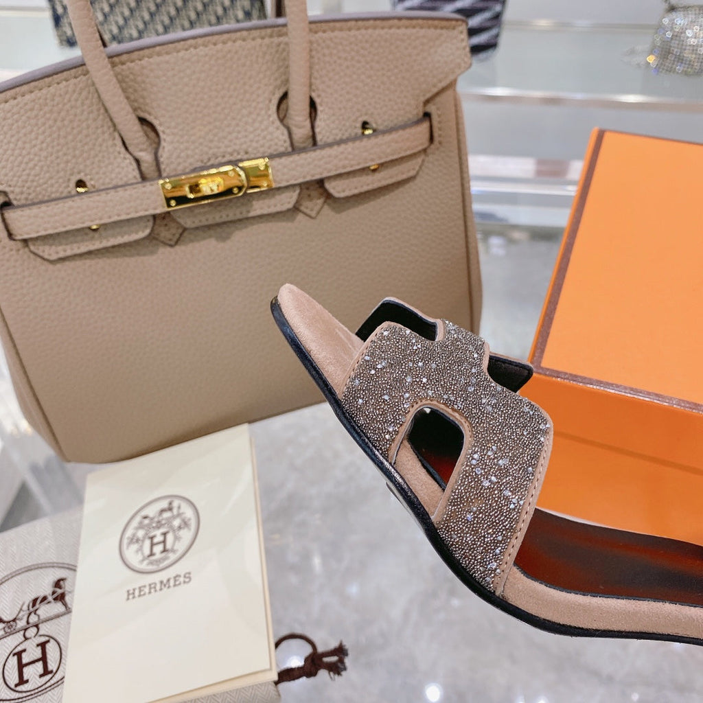 Hermes Premiere 70 Sandal in Light Brown Suede with Crystals