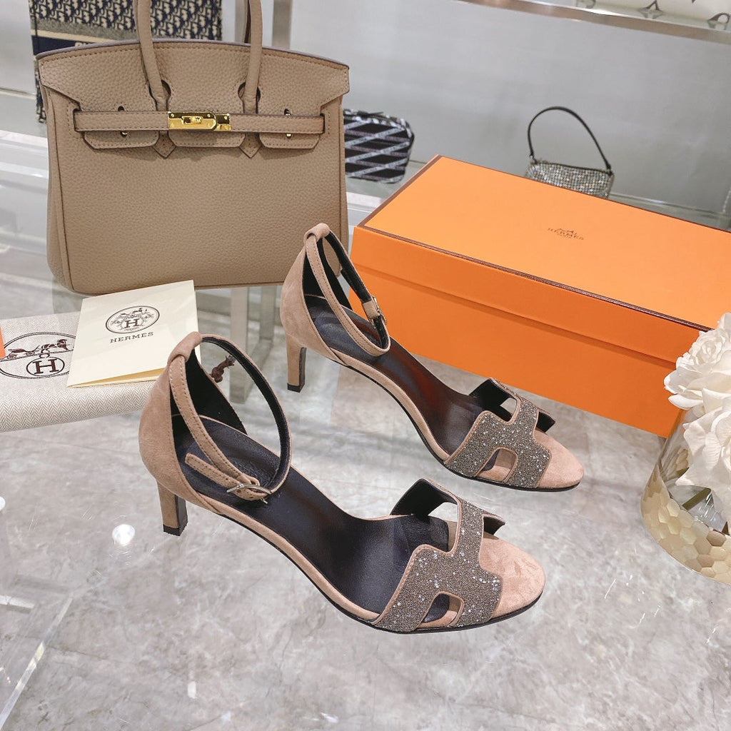 Hermes Premiere 70 Sandal in Light Brown Suede with Crystals