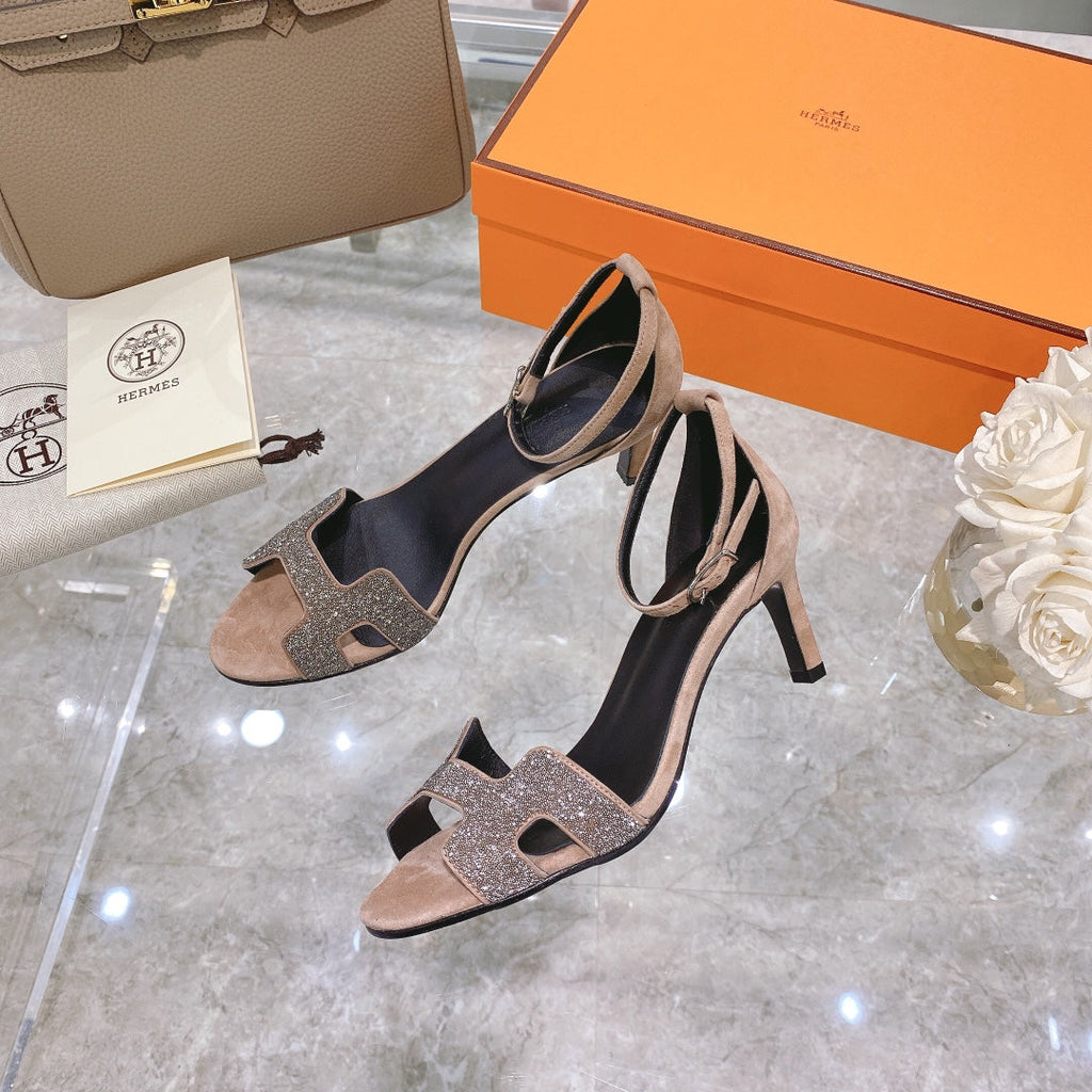 Hermes Premiere 70 Sandal in Light Brown Suede with Crystals