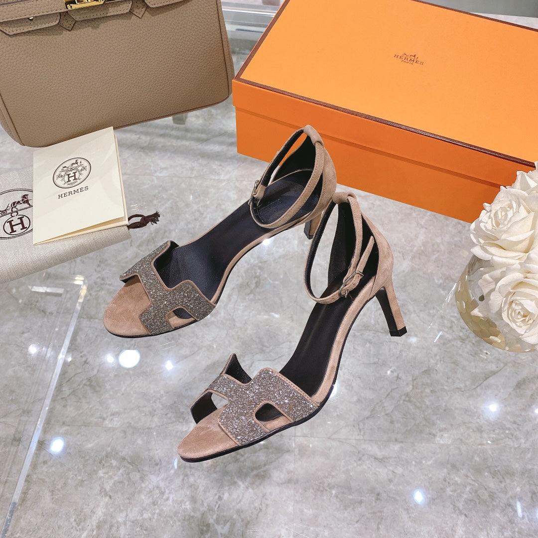 Hermes Premiere 70 Sandal in Light Brown Suede with Crystals