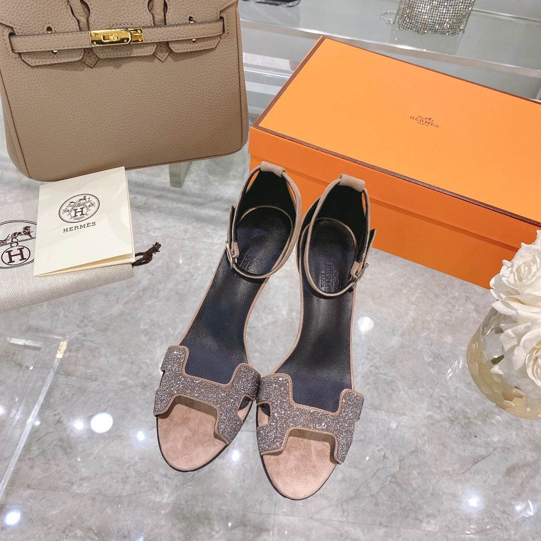 Hermes Premiere 70 Sandal in Light Brown Suede with Crystals