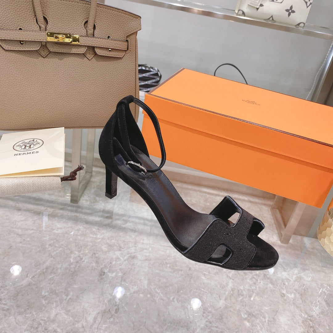 Hermes Premiere 70 Sandal in Black Suede with Crystal
