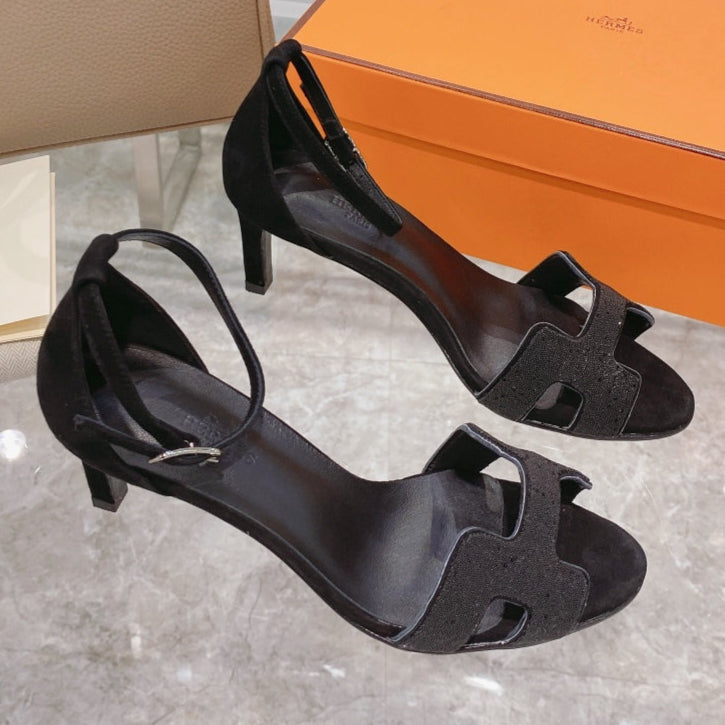 Hermes Premiere 70 Sandal in Black Suede with Crystal
