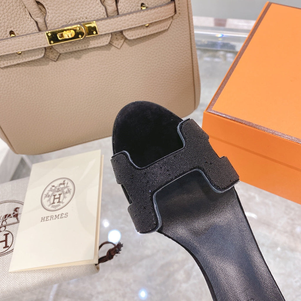 Hermes Premiere 70 Sandal in Black Suede with Crystal