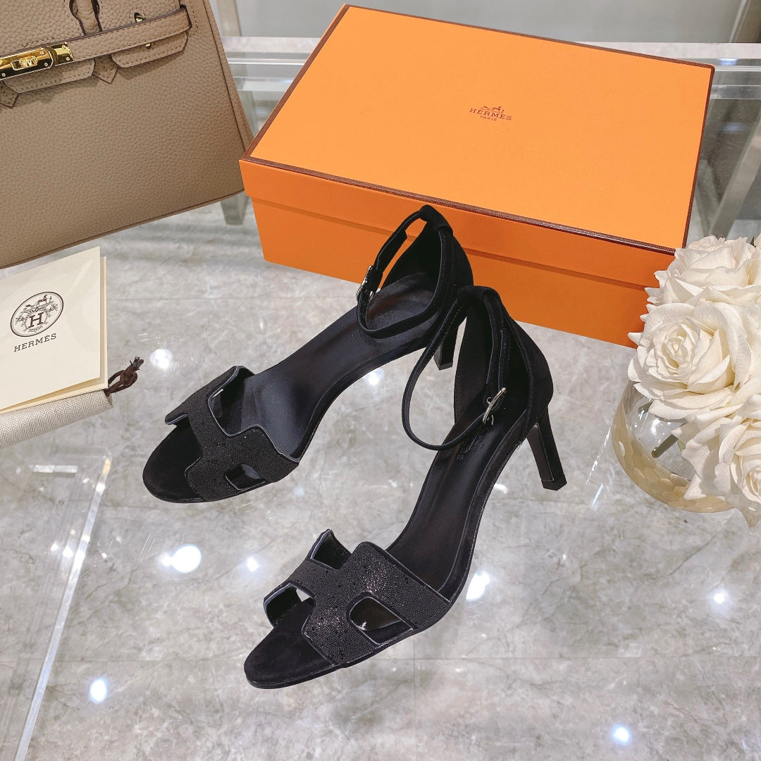 Hermes Premiere 70 Sandal in Black Suede with Crystal