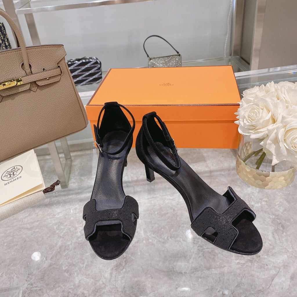 Hermes Premiere 70 Sandal in Black Suede with Crystal