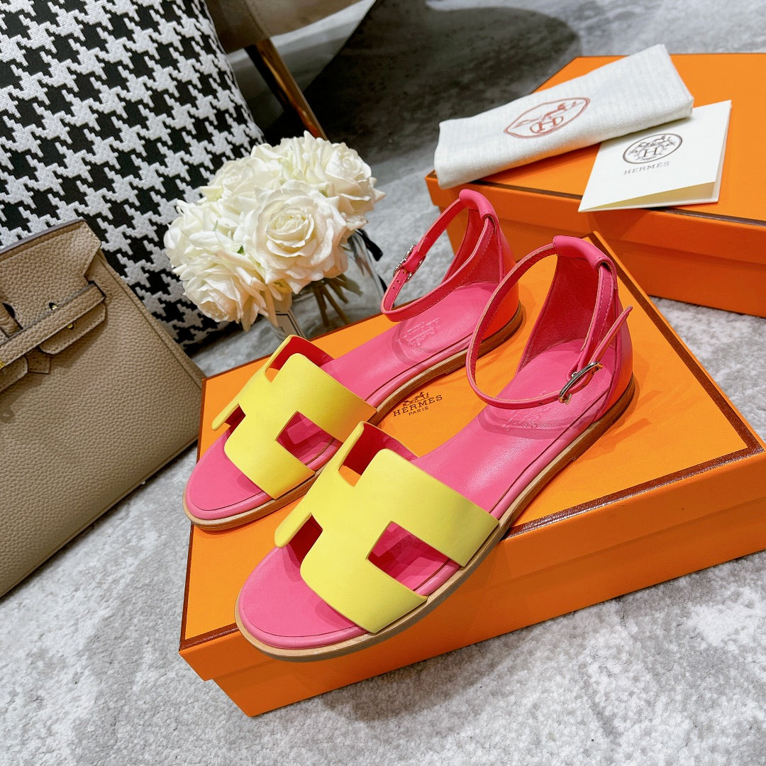 Hermes Santorini Sandal Pink Mix Lemon Calfskin