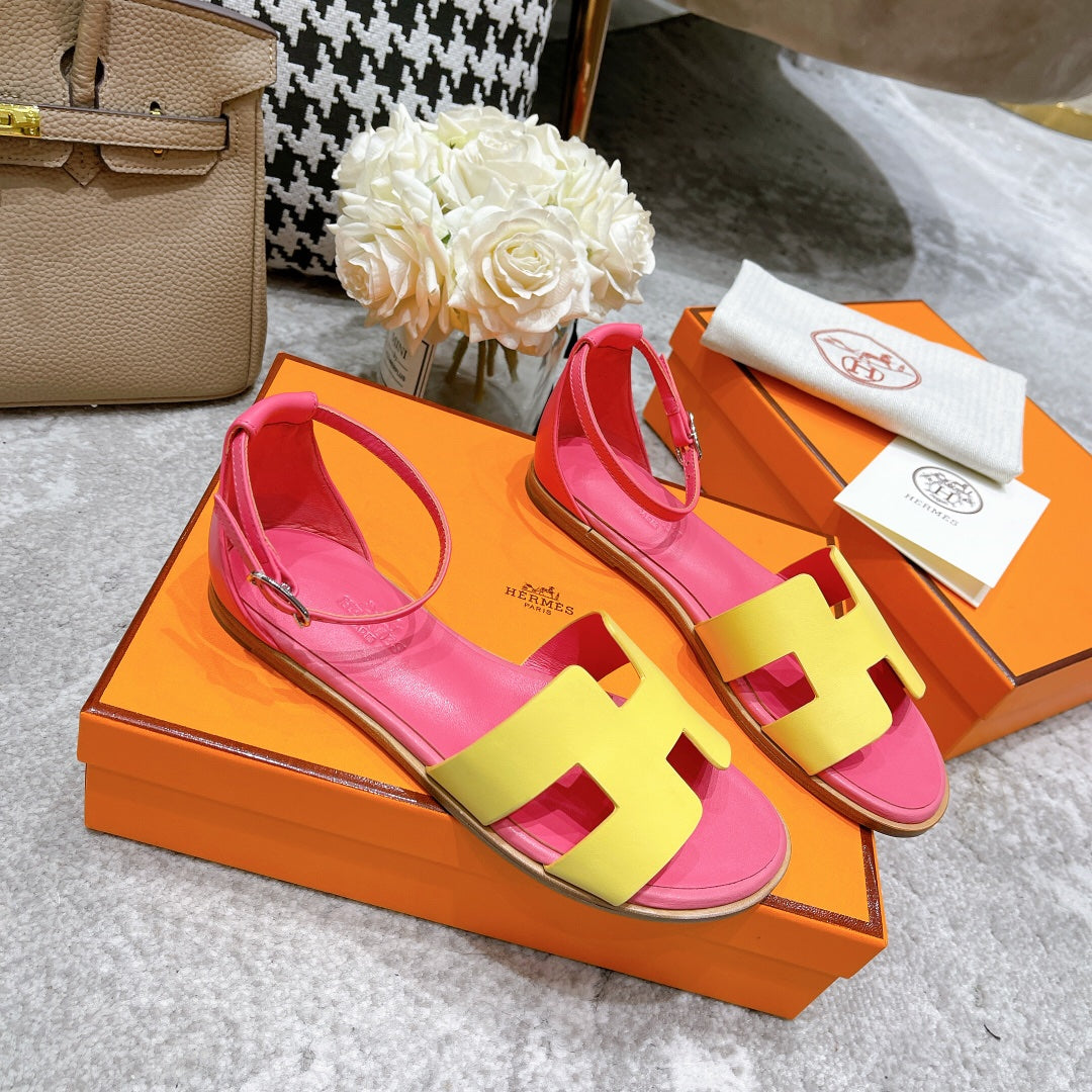 Hermes Santorini Sandal Pink Mix Lemon Calfskin