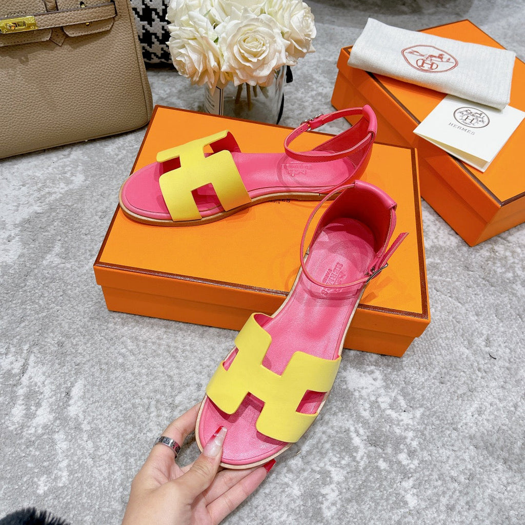 Hermes Santorini Sandal Pink Mix Lemon Calfskin