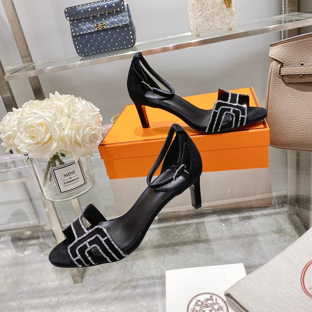 Hermes Premiere 70 Sandal in Black Suede with Rhinstones