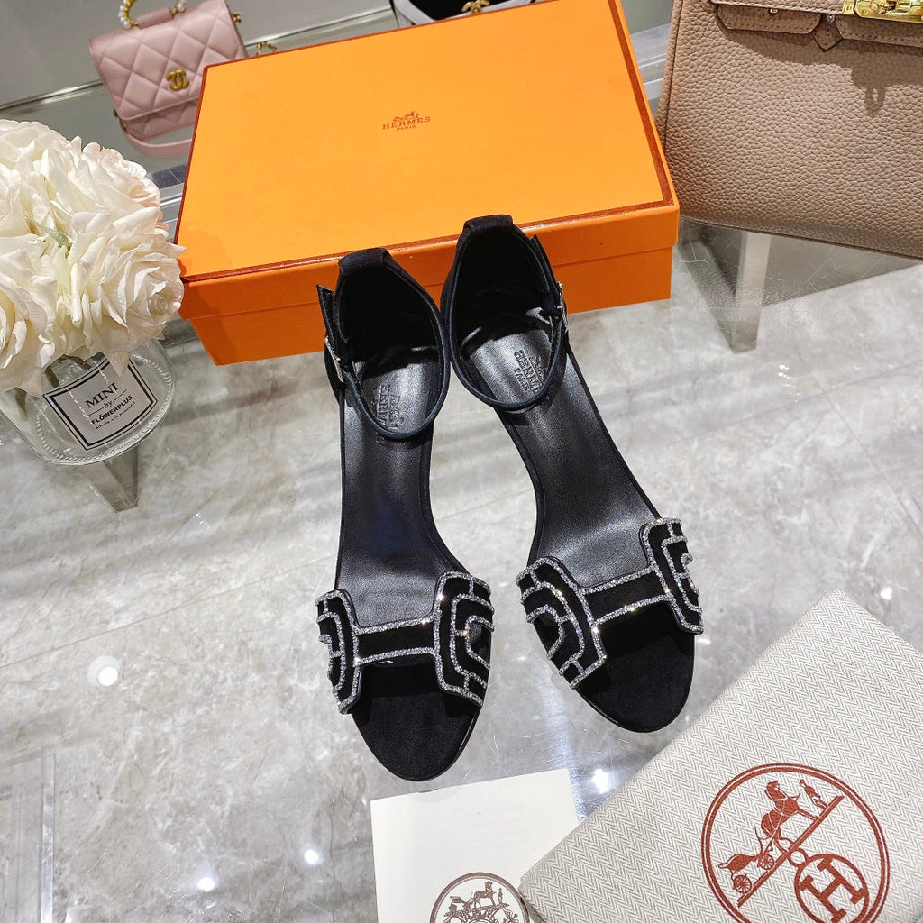 Hermes Premiere 70 Sandal in Black Suede with Rhinstones