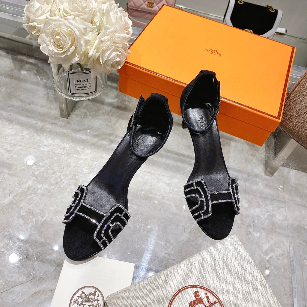 Hermes Premiere 70 Sandal in Black Suede with Rhinstones