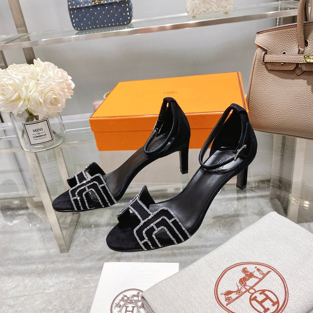 Hermes Premiere 70 Sandal in Black Suede with Rhinstones