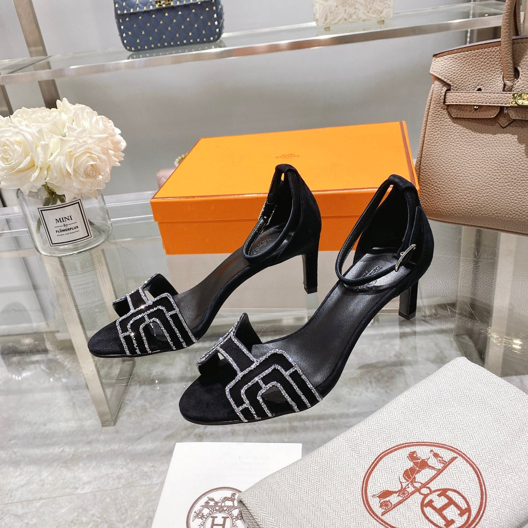 Hermes Premiere 70 Sandal in Black Suede with Rhinstones