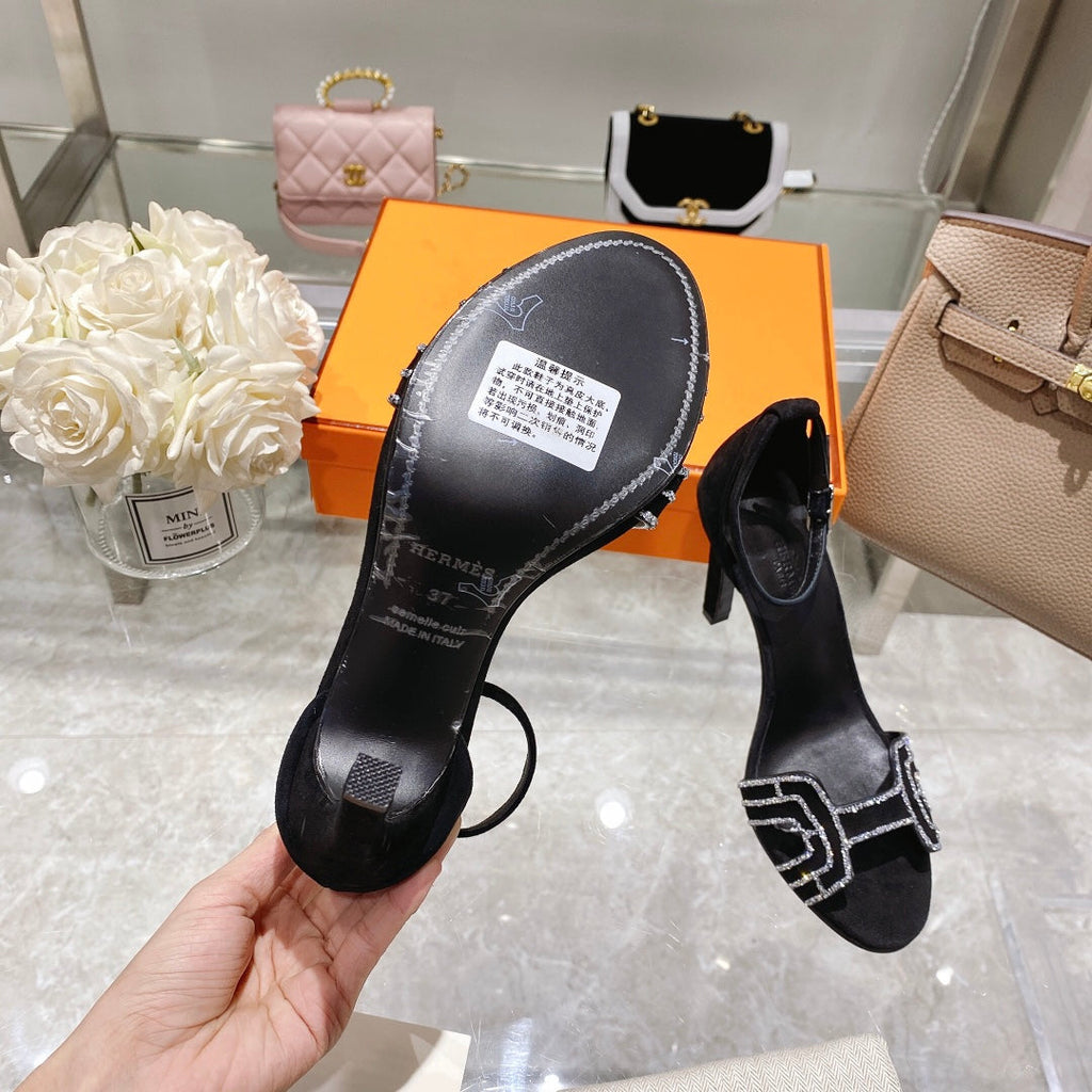 Hermes Premiere 105 Sandal in Black Suede with Rhinstones