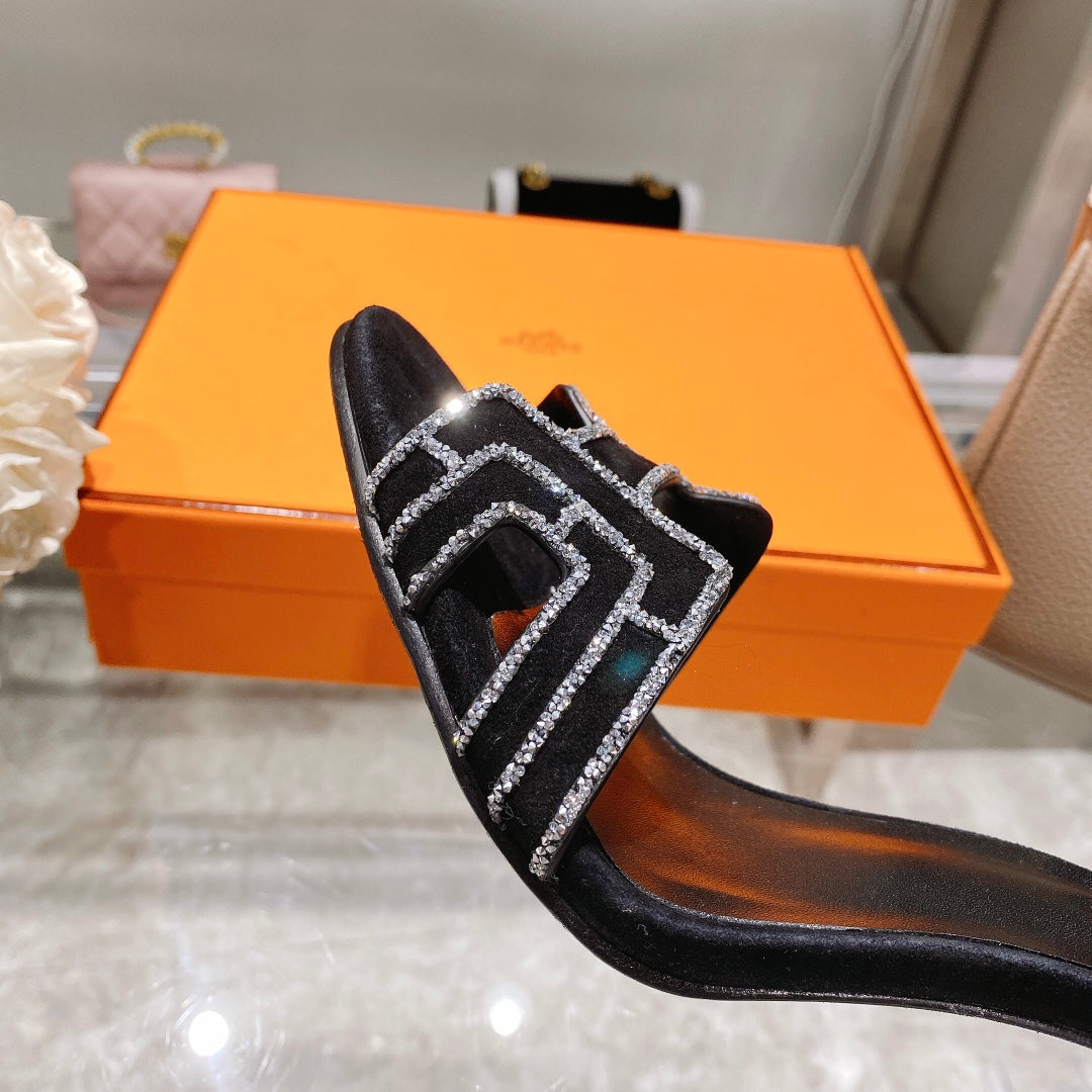 Hermes Premiere 105 Sandal in Black Suede with Rhinstones