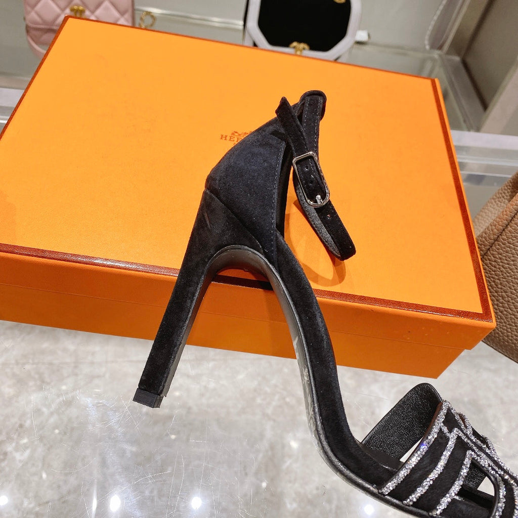 Hermes Premiere 105 Sandal in Black Suede with Rhinstones