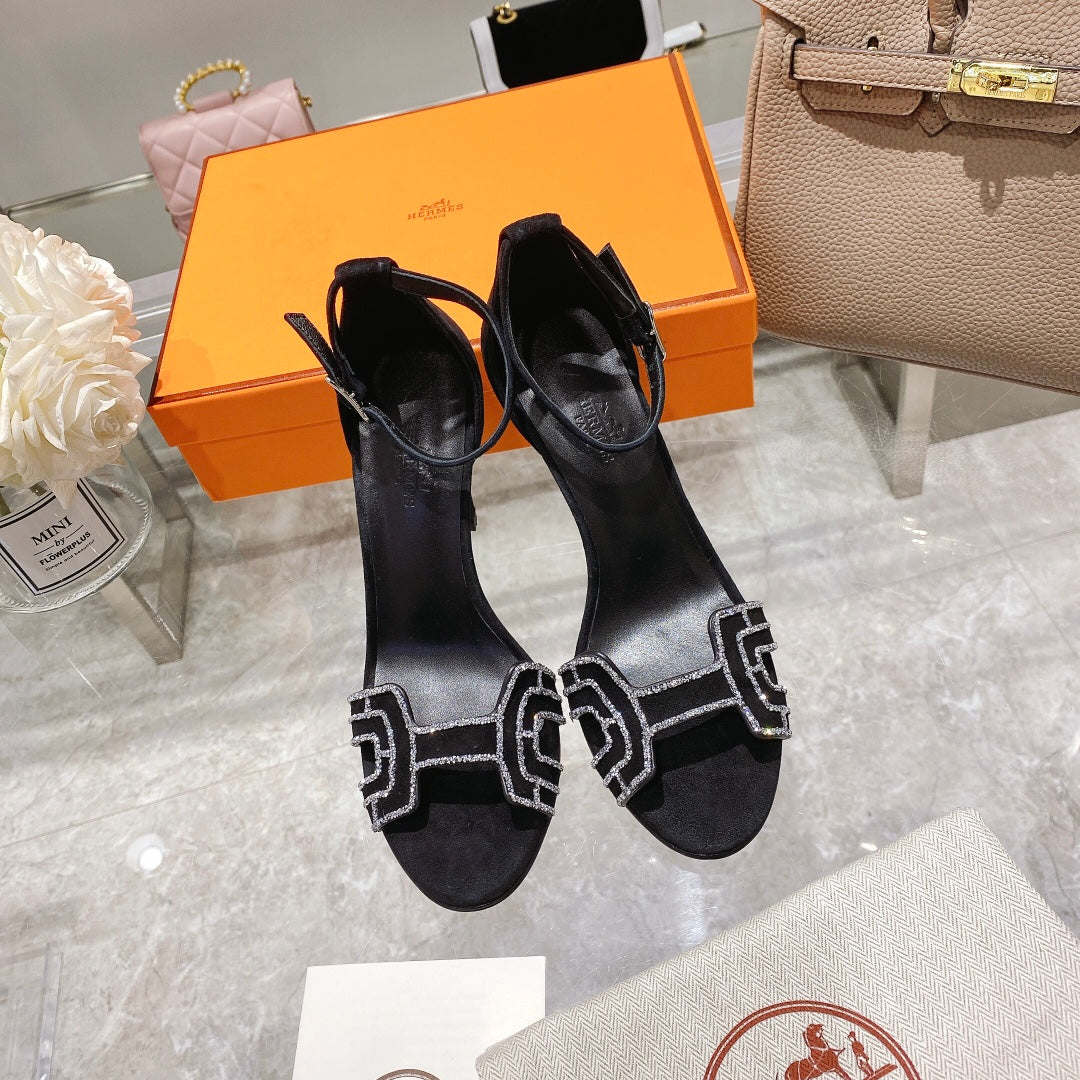 Hermes Premiere 105 Sandal in Black Suede with Rhinstones