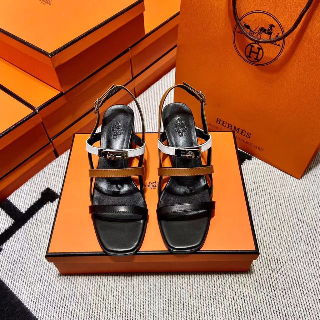 Hermes Mid - Sandal Black Mix White Mix Tawny Calfskin