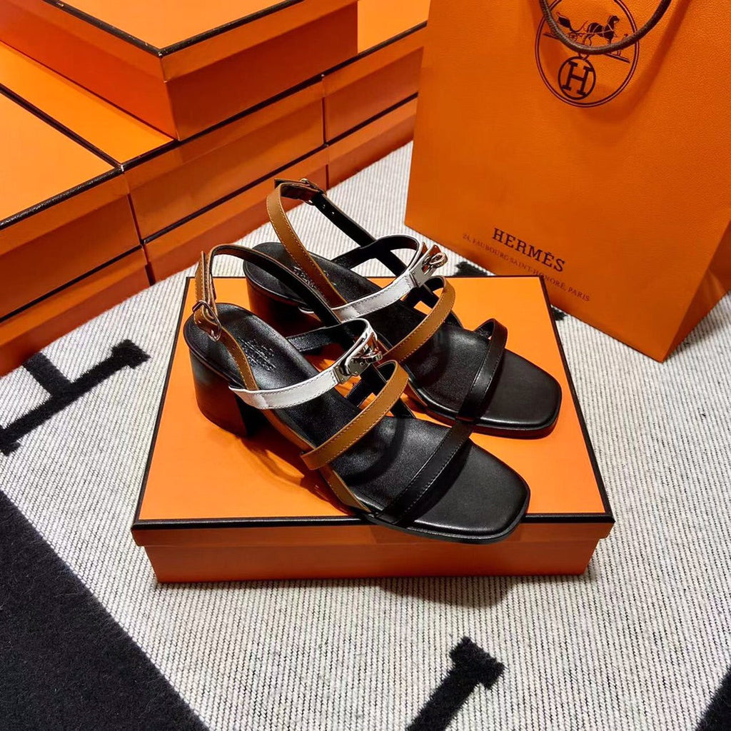 Hermes Mid - Sandal Black Mix White Mix Tawny Calfskin
