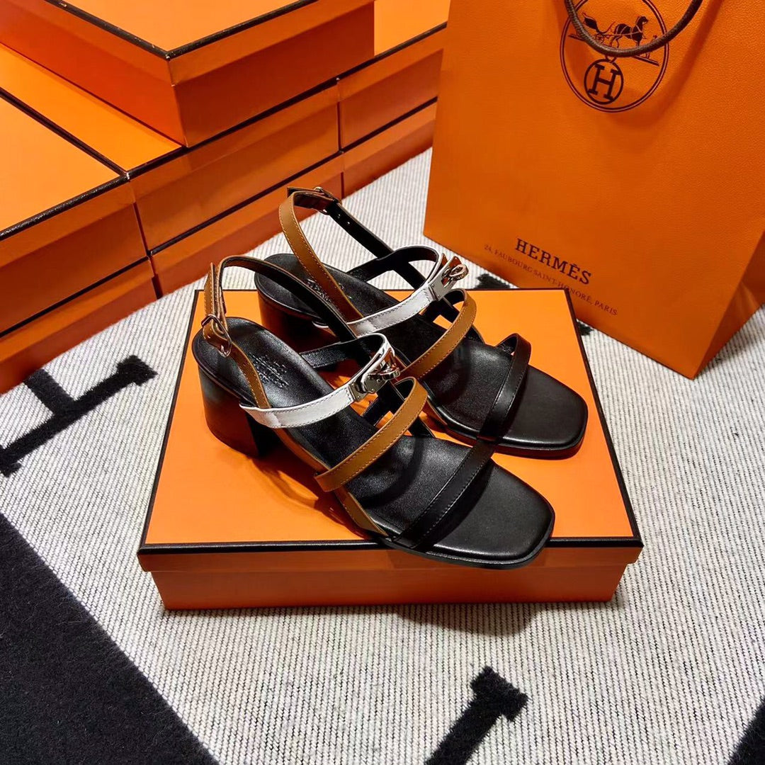 Hermes Mid - Sandal Black Mix White Mix Tawny Calfskin