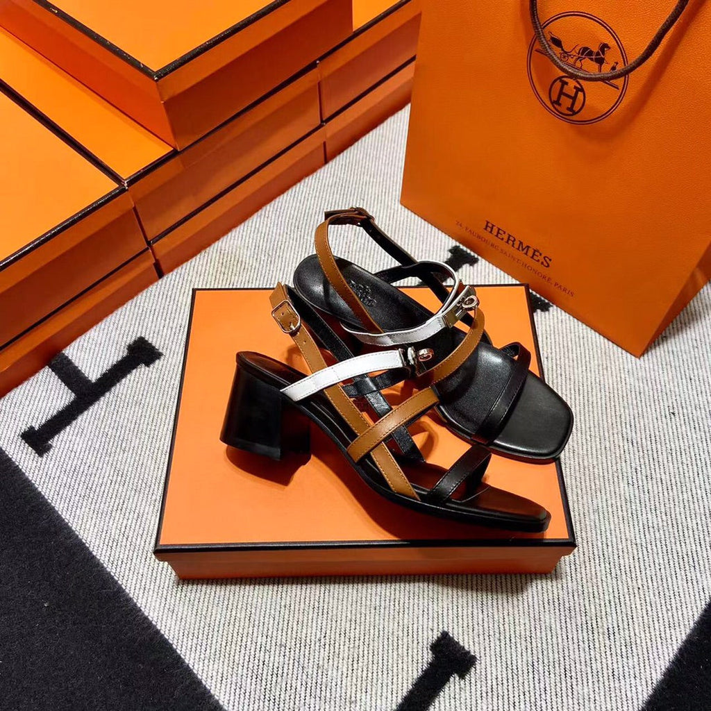 Hermes Mid - Sandal Black Mix White Mix Tawny Calfskin