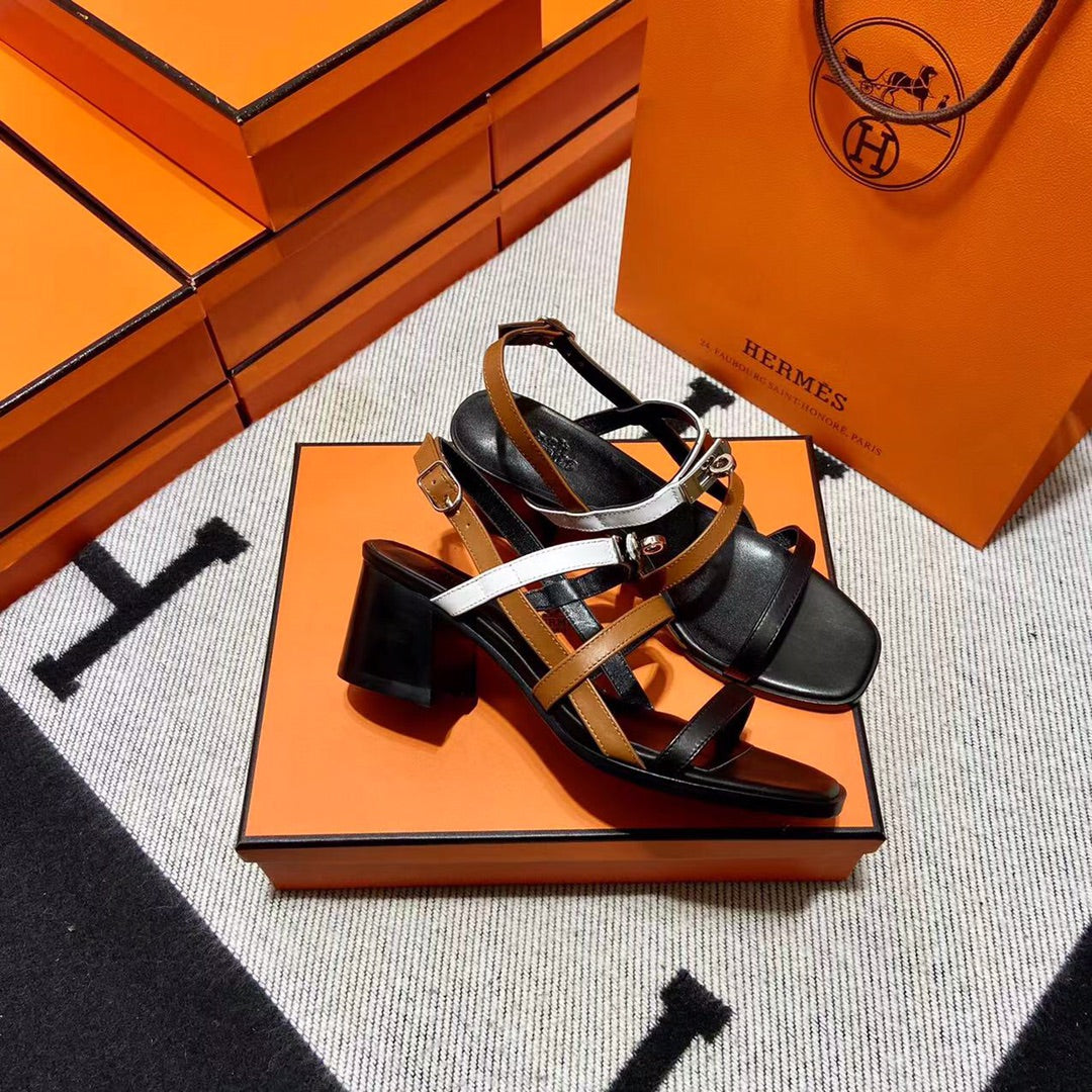 Hermes Mid - Sandal Black Mix White Mix Tawny Calfskin