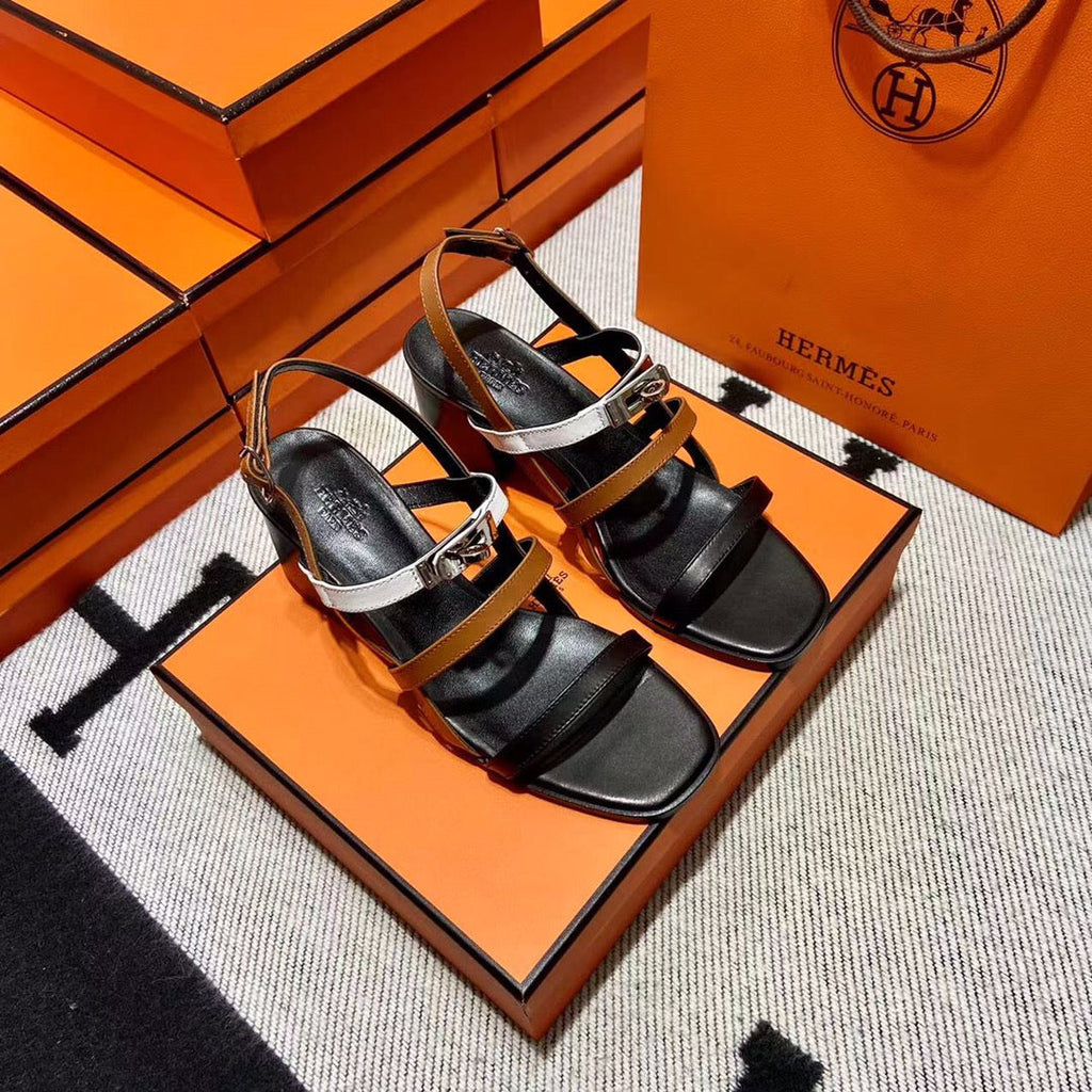 Hermes Mid - Sandal Black Mix White Mix Tawny Calfskin