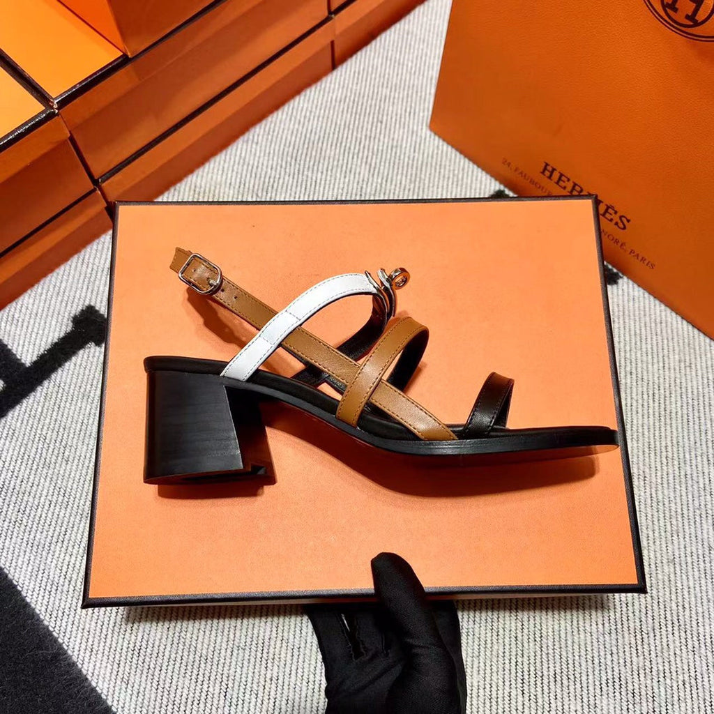 Hermes Mid - Sandal Black Mix White Mix Tawny Calfskin