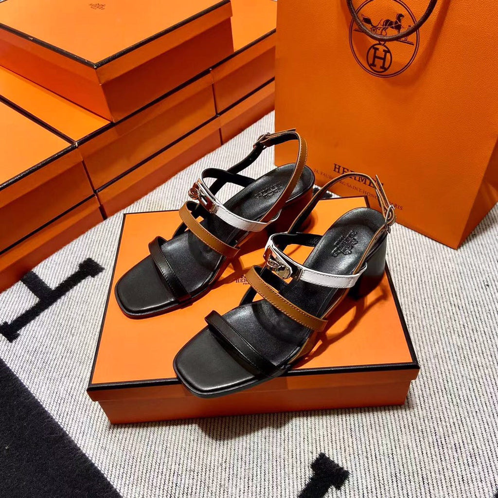 Hermes Mid - Sandal Black Mix White Mix Tawny Calfskin