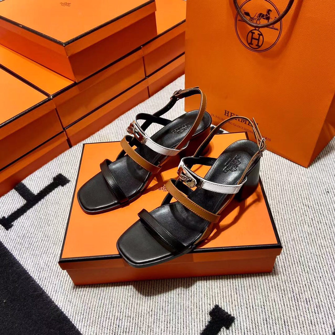 Hermes Mid - Sandal Black Mix White Mix Tawny Calfskin