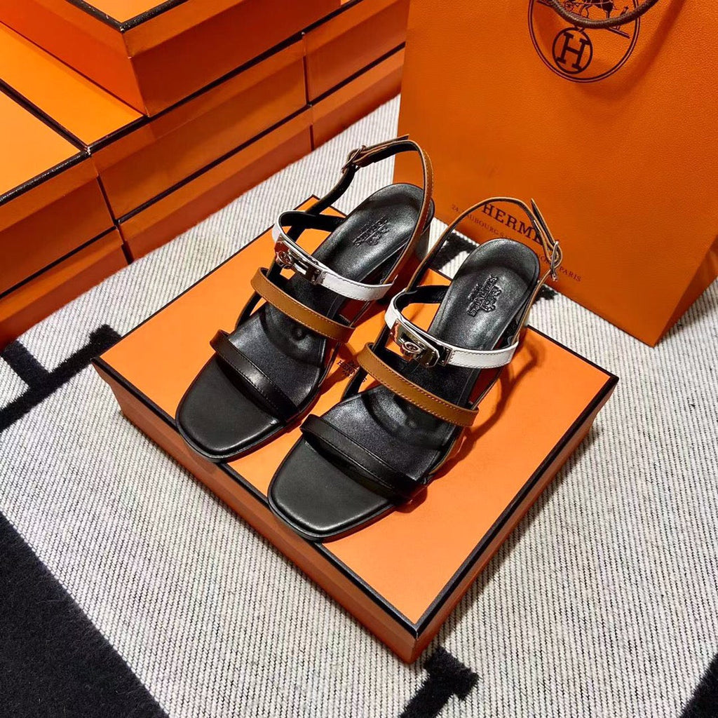 Hermes Mid - Sandal Black Mix White Mix Tawny Calfskin