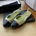 Chanel Slingbacks in Light Green Fabric and Black Calfskin