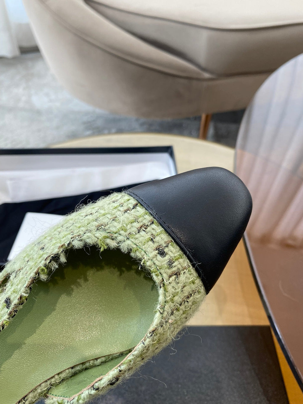 Chanel Slingbacks in Light Green Fabric and Black Calfskin