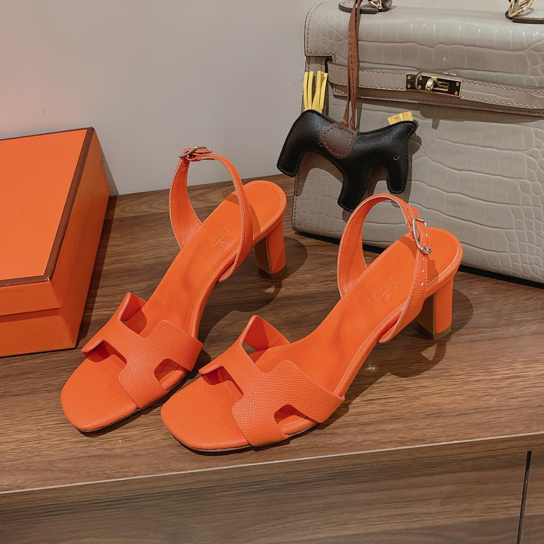 Hermes Holy 75 Sandal in Vivid Orange Grained Calfskin