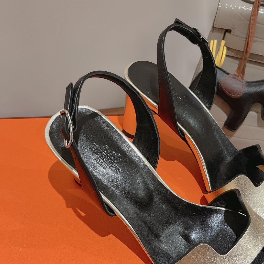 Hermes Slingback Sandal Eternite 75 Black Mix Silver Lambskin