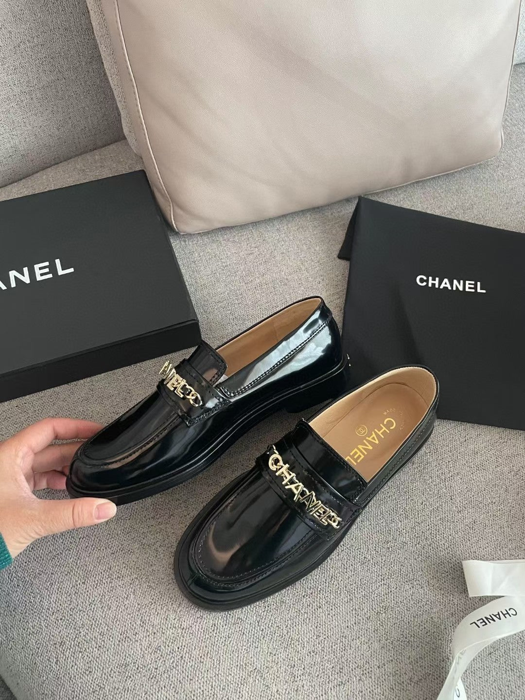 Chanel Moccasins in Black Calfskin Gold Metal Logo