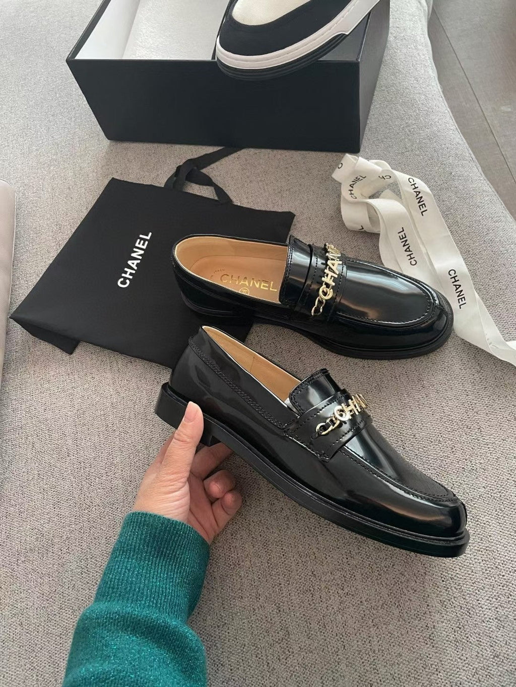 Chanel Moccasins in Black Calfskin Gold Metal Logo
