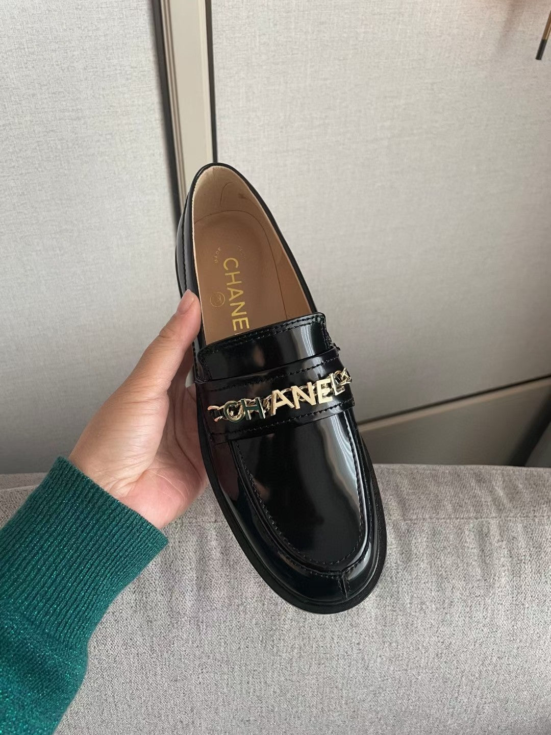 Chanel Moccasins in Black Calfskin Gold Metal Logo